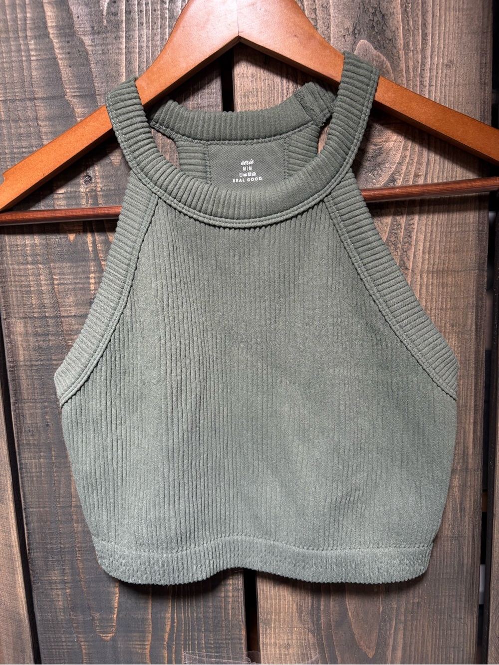 aerie Olive Ribbed Halter Crop Tank